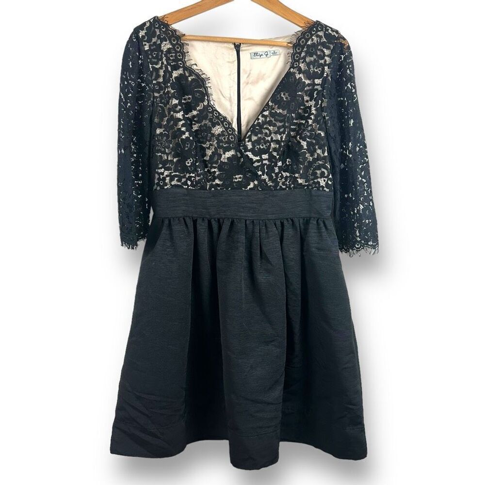 Eliza J Womens 12 Black Lace Fit And Flare Cocktail Dress Knee Length 3/4 Sleeve